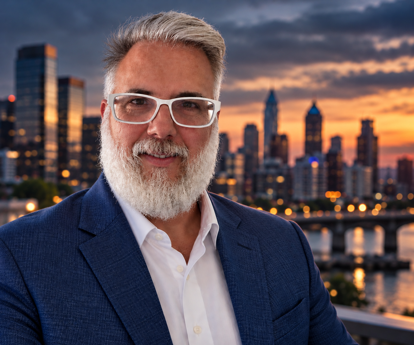 Tim York in a navy blazer against a city skyline at dusk